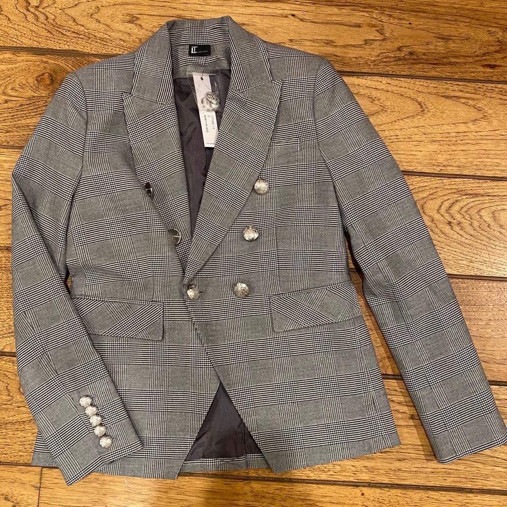 Grey and Black Plaid Double Breasted Blazer